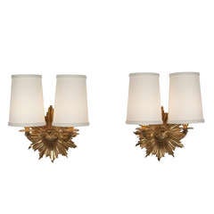 Dore Bronze Sunburst Sconces, Pair