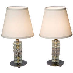 Vintage Pair of French 1930s Stacked Glass Boudoir Lamps