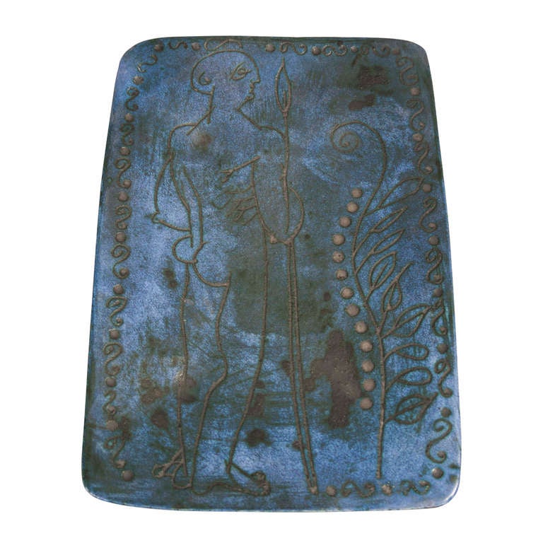 Rectangular footed dish, in a mottled deep blue glaze, with black glazed figurative and floral line drawing on surface, by Jacques Blin, French 1950s. Signed to underside. 10 1/2 in x 6 1/4 in, height 2 in. (Item #1751)