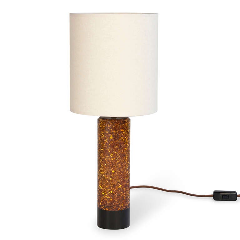 Orange speckled resin column table lamp, with black resin band at base, French 1970s. In custom paper shade. Overall height 20 1/2 in, diameter of base 3 in. Shade measures top diameter 8 in, bottom diameter 9 in, height 8 1/2 in. (Item #1786)