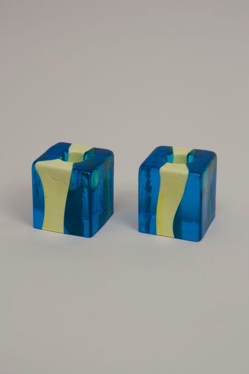 Italian Pair of Glass Cube Candleholders by Pierre Cardin