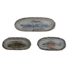 Set of Three Oval Shaped Dishes Decorated with Ferocious Fish