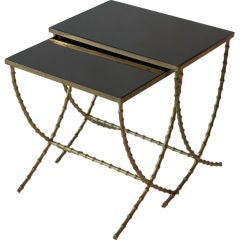 Set of Two Faux Bamboo Black Glass Top Nesting Tables by Bagues