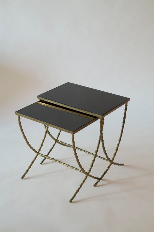 Set of Two Faux Bamboo Black Glass Top Nesting Tables by Bagues