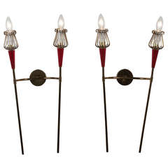 Red Celluloid and Brass Sconces, Pair Red Celluloid and Brass Sconces, Pair