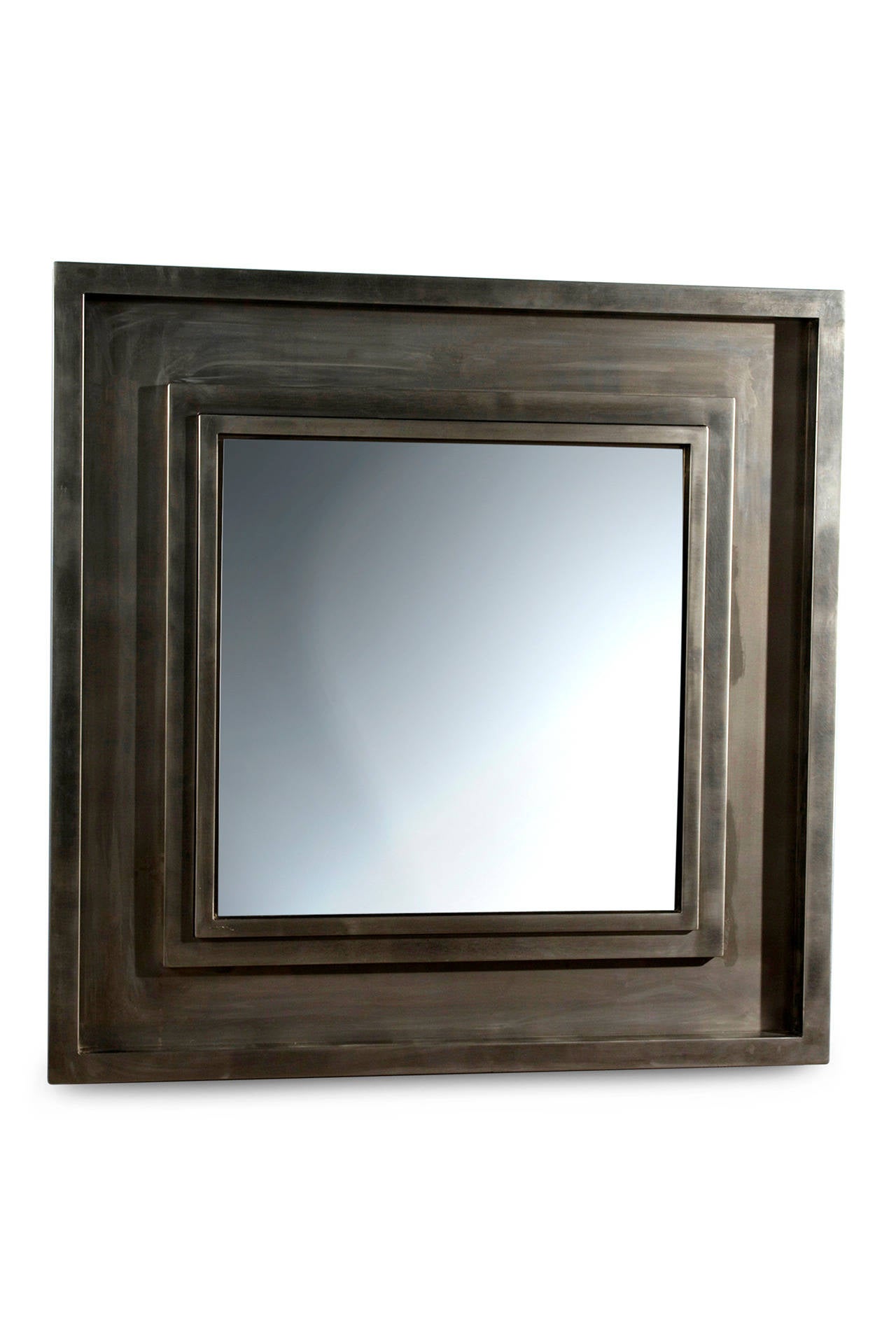 Brushed stainless steel square frame mirror, the frame composed of superimposed squares giving sense of depth and movement, French 1970s. 42 1/2 inches square. (Item #1439)