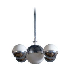 Five Light Nickel and Opaline Glass Bauhaus Style Chandelier
