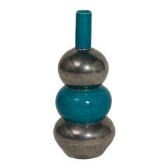Triple Gourd Turquoise and Silver Ceramic Vase by Claude Levy