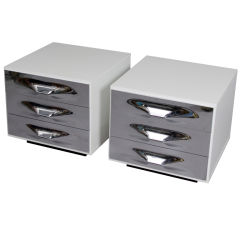 Pair of Silver Drawer White Lacquer End Tables by Raymond Loewy