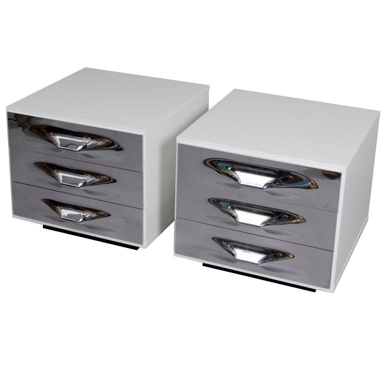 Pair of Silver Drawer White Lacquer End Tables by Raymond Loewy at 1stDibs
