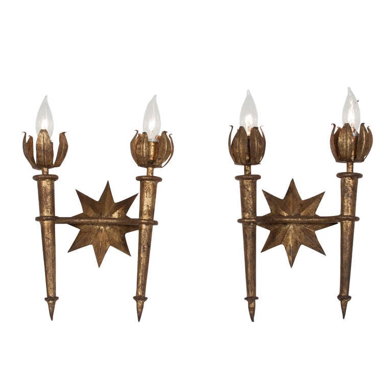 French Gilt Metal Wall Sconces, Pair