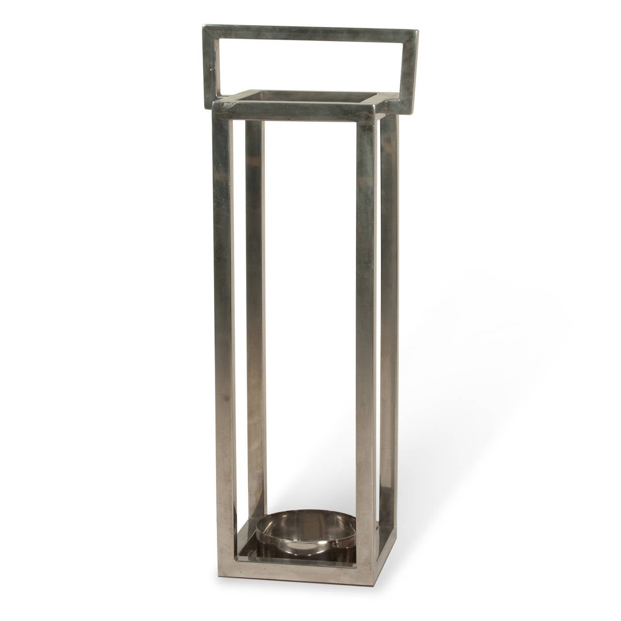 Square polished stainless steel frame umbrella stand, handle top and bottom dish, American 1970s. 9 in square, height 30 1/2 in. (Item #2274)