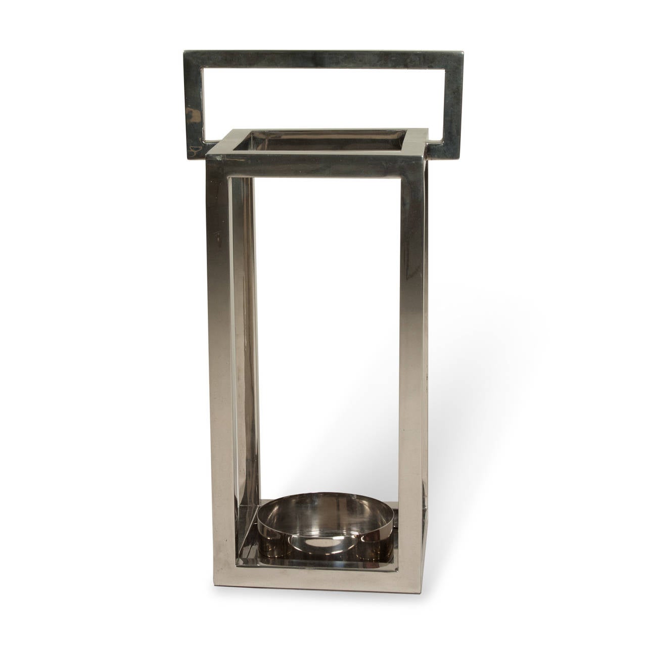 Square polished stainless steel frame umbrella stand, handle top and bottom dish, American 1970s. 9 in square, height 23 in. (Item #2275)