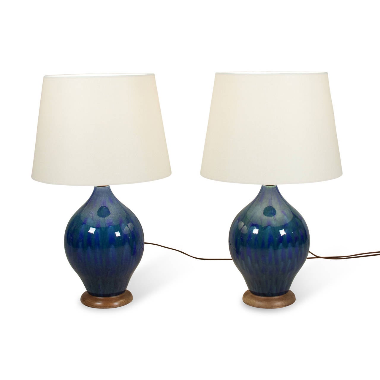 Pair of Mottled Blue Glaze Ceramic Lamps