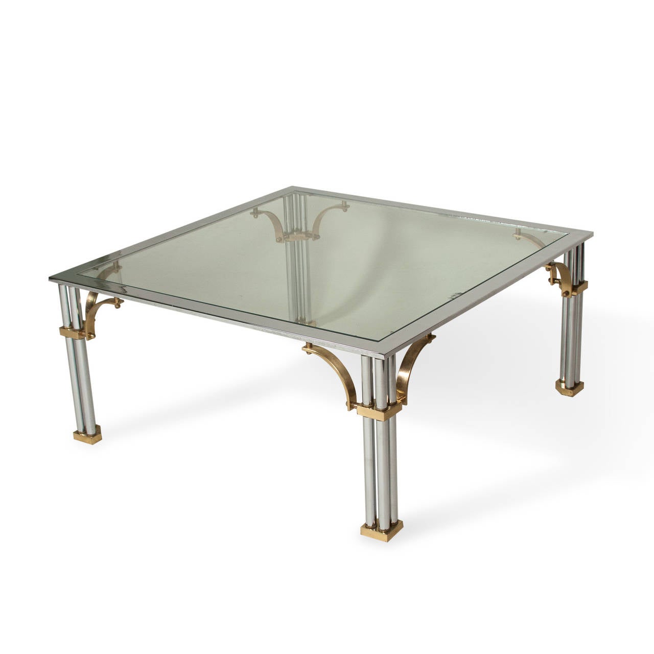 Chrome and brass square coffee table,  double legs with brass corner detail, American 1980s. 36 in square, height 16 in. (Item #2285)