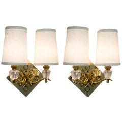 Pair of Crosshatch Bronze and Crystal Sconces