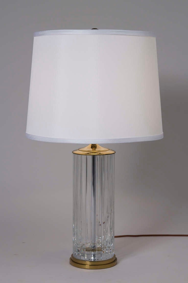 Lead crystal simple fluted column table lamp with brass base and cap, in custom silk shade, by Baccarat, French 1960s. Acid etched signature. (Item #1716)