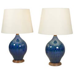 Pair of Mottled Blue Glaze Ceramic Lamps