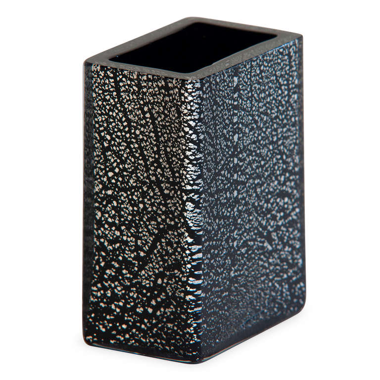Rectangular solid glass vase, thick walled sides of black glass with silver inclusions, by Seguso Vetri d'Arte, Italian 1970s. 3 3/4 in x 2 in, height 4 3/4 in. (Item #1805)