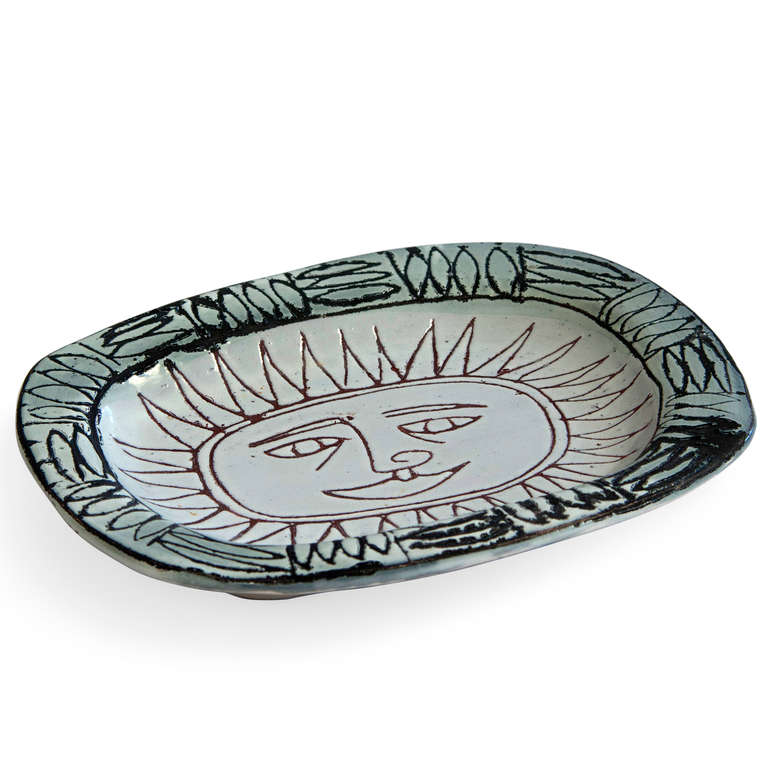 French Sun-face Ceramic Dish by J. Pouchain