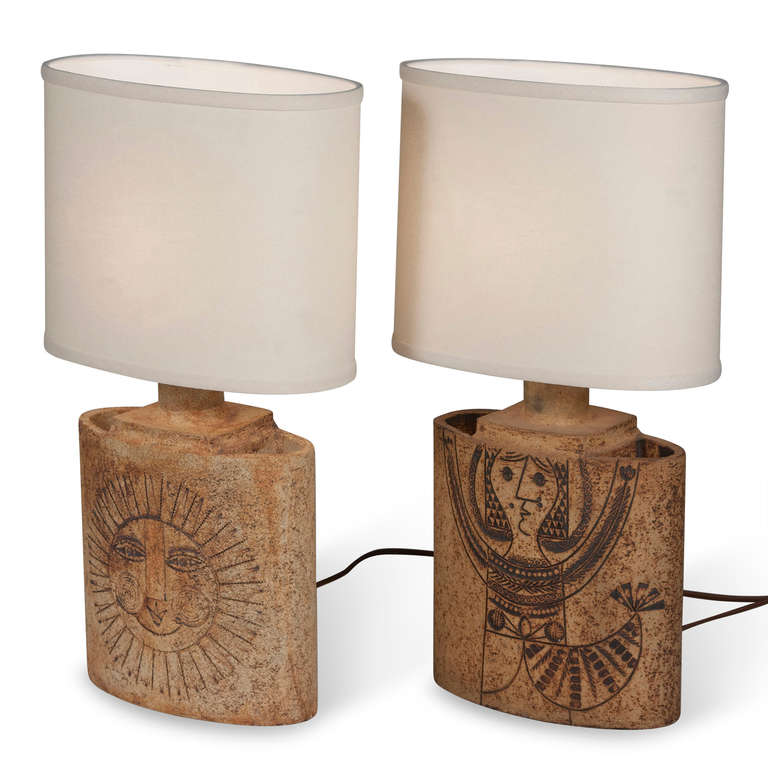 French Two Terracotta Lamps by Roger Capron
