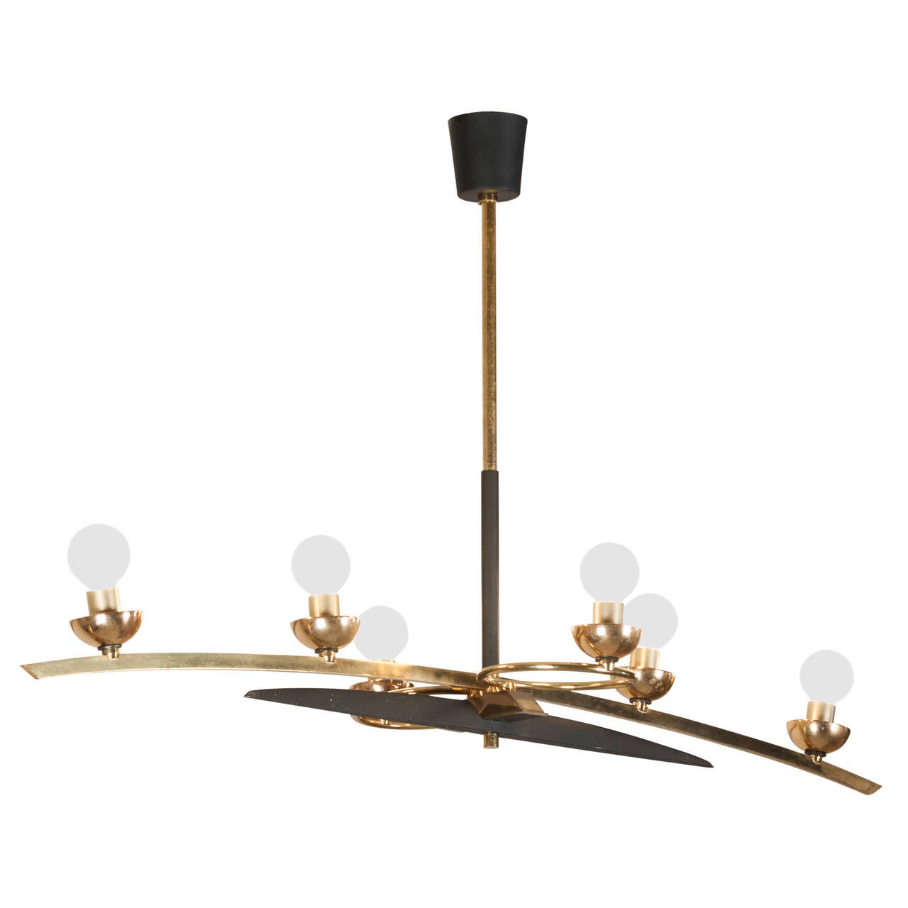 Elongated brass and lacquered metal six-light chandelier, four lights on the main axis, with two lights traverse, French, 1950s. Measures: Length 38 in, width 15 in, overall height 20 in. (Item #2281).