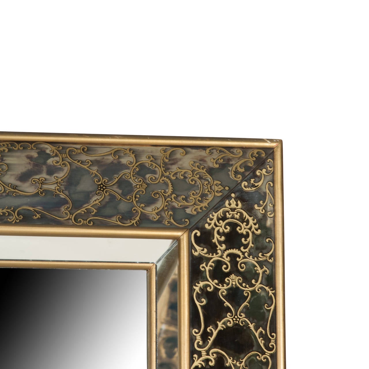 Large paneled wall mirror, of rectangular form. The central mirror surrounded by reverse painted mirror border, with giltwood frame and borders, American, 1960s. Dimensions: 60 in x 48 in, depth 3 in. width of outer panel 5 in. Interior mirror