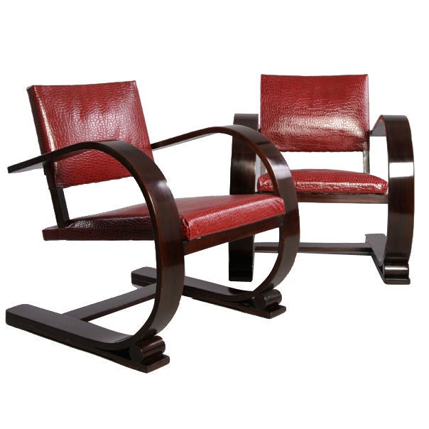 Pair of Faux Crocodile Cantilevered Armchairs by Audoux et Minet