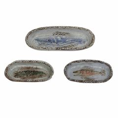 Set of Three Oval Shaped Dishes Decorated with Ferocious Fish