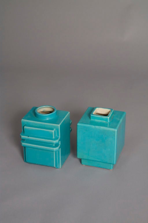 French Set of Two Modernist Blue Ceramic Vases by Robert Lallemant