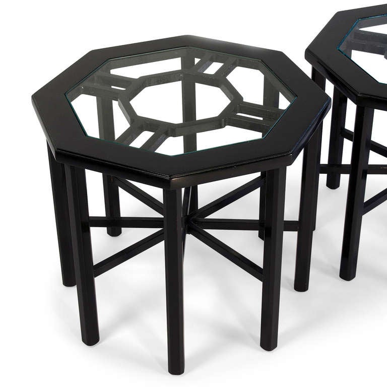 Wood Black Lacquered Hex Tables, Pair