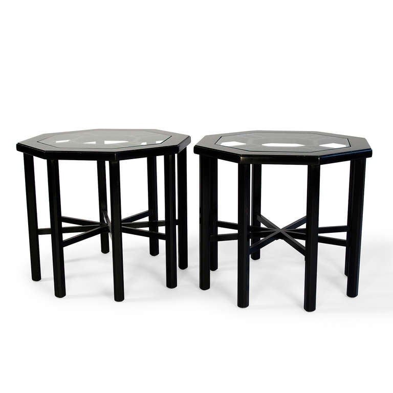 American Black Lacquered Hex Tables, Pair