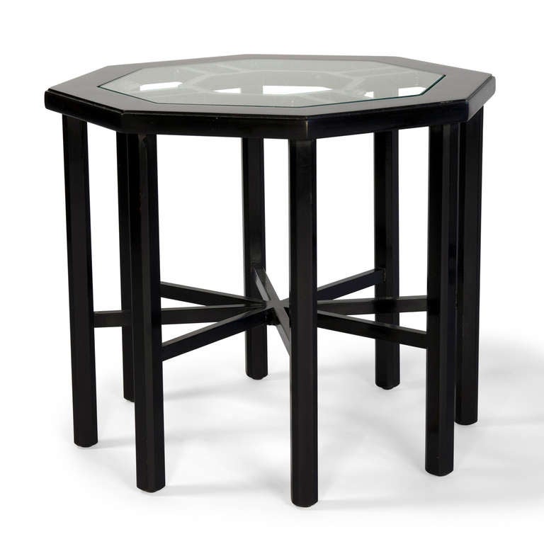 Black Lacquered Hex Tables, Pair In Good Condition In Brooklyn, NY