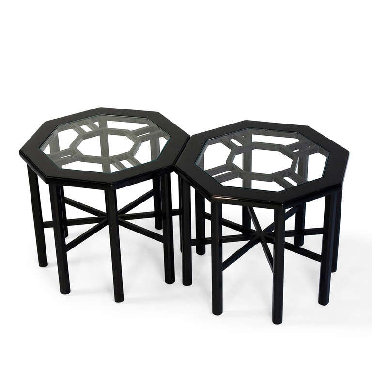Mid-20th Century Black Lacquered Hex Tables, Pair