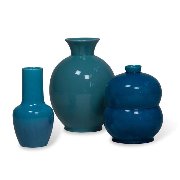 Mid-20th Century Three Blue Ceramic Vases, French