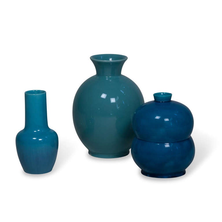 Three Blue Ceramic Vases, French 1