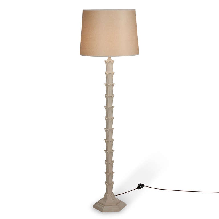 Antique white lacquered metal floor lamp, with acanthus leaf decoration going up the column, and on a hexagonal base, American early 1960s. In custom paper shade. (Item #2069)