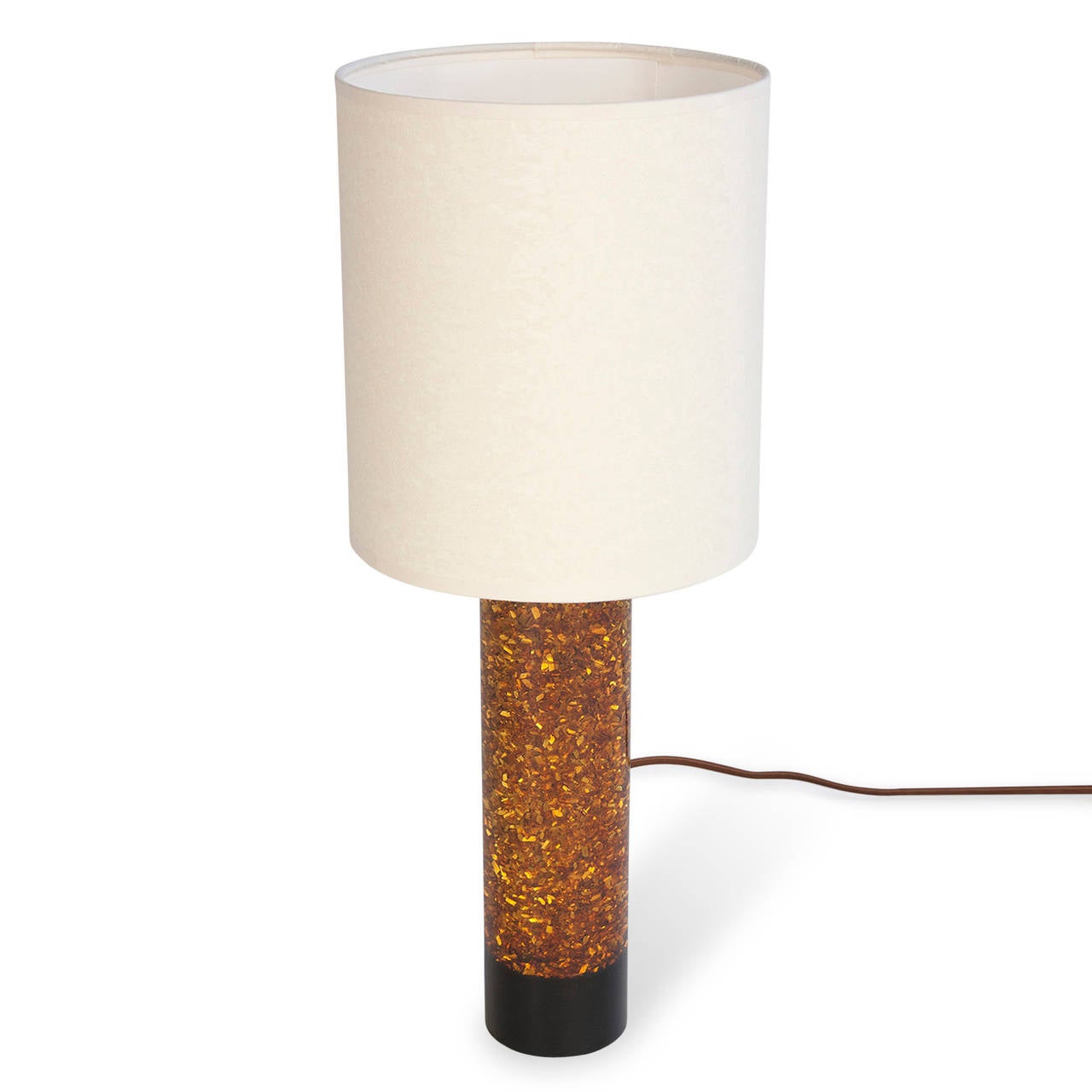 Orange speckled resin column table lamp, with black resin band at base, French 1970s. In custom paper shade. Overall height 20 1/2 in, diameter of base 3 in. Shade measures top diameter 8 in, bottom diameter 9 in, height 8 1/2 in. (Item #1786)