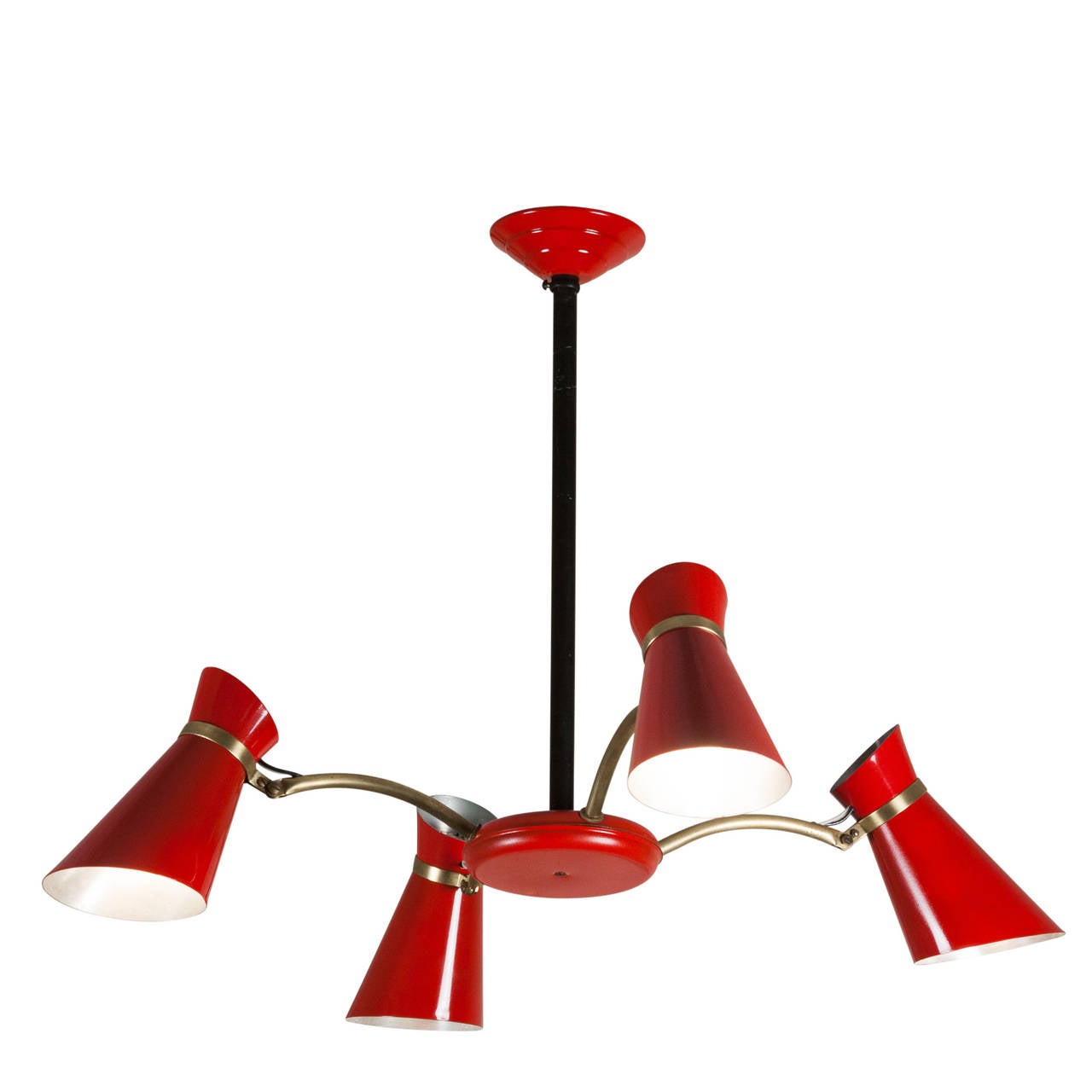 Lacquered metal and brass four-light chandeliers, the shades and central disc in bright red, each shade with three bands of perforations, and each shade adjustable with a hinge joint. French, 1950s. Diameter 26 in, overall height 20 in, diameter of