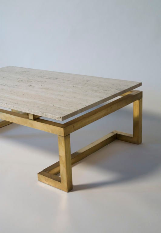 French Travertine Top Brass Base Rectangular Coffee Table