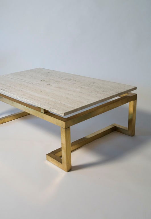Travertine Top Brass Base Rectangular Coffee Table In Excellent Condition In Brooklyn, NY