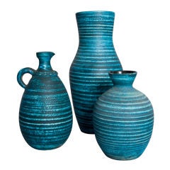 Set of Three Blue Banded Ceramic Vases by Accolay