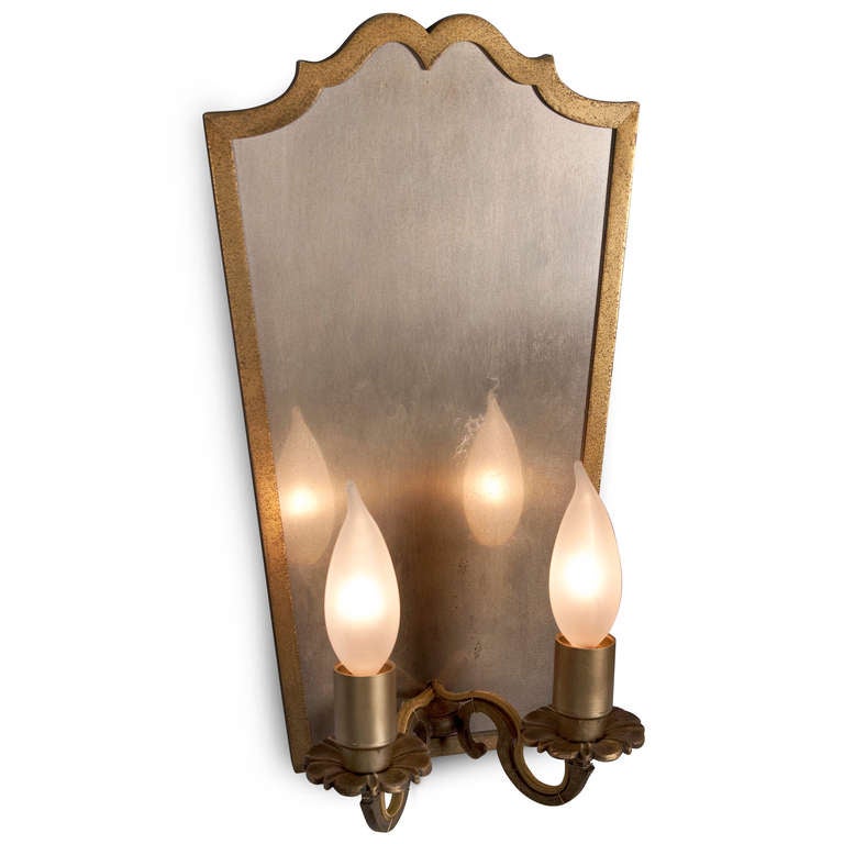 Pair of Brass Shield Sconces In Good Condition In Brooklyn, NY