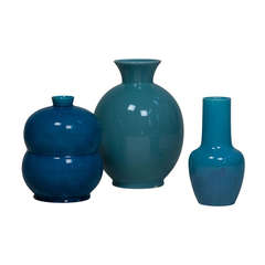 Three Blue Ceramic Vases, French