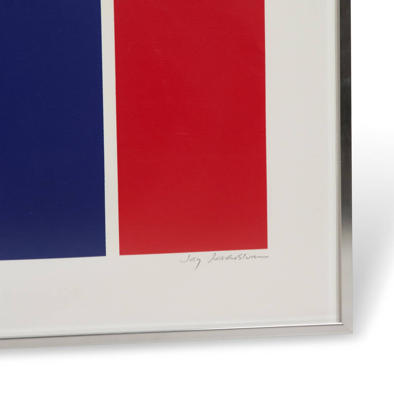 Abstract screen-print, four different vertical color blocks, in aluminum frame, by Jay Rosenblum (1933-1989), American, 1975. Numbered lower left in pencil 36/300, signed lower right in pencil. Framed 42 1/2 in x 24 1/2 in.
