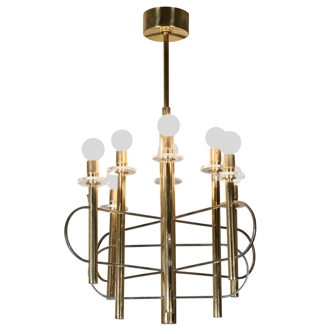 Chrome, brass and Lucite eight-light chandelier, eight brass posts connected by looping chrome elements, with Lucite bobeches, by Gaetano Sciolari, Italian, 1960s. Diameter of fixture 23 in, overall height 29 1/2 in. (Item #2313).