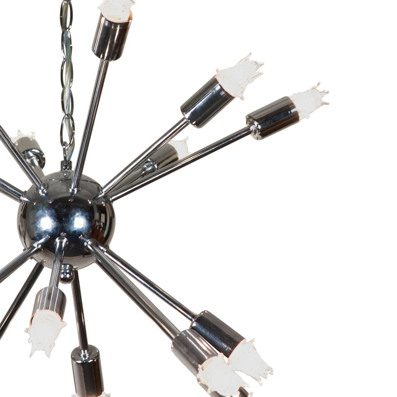 Sixteen-arm chrome Sputnik chandelier, the arms emanating in all directions from a center sphere. With chrome circular ceiling canopy, Italian, 1960s. Diameter 21 in, height of fixture only 20 in. Overall height is adjustable by modifying chain