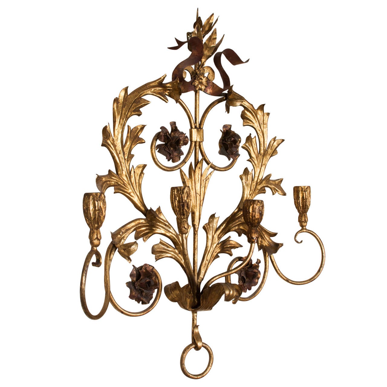 Mid-20th Century Elaborate Floral Gilt Iron Candle Sconce For Sale
