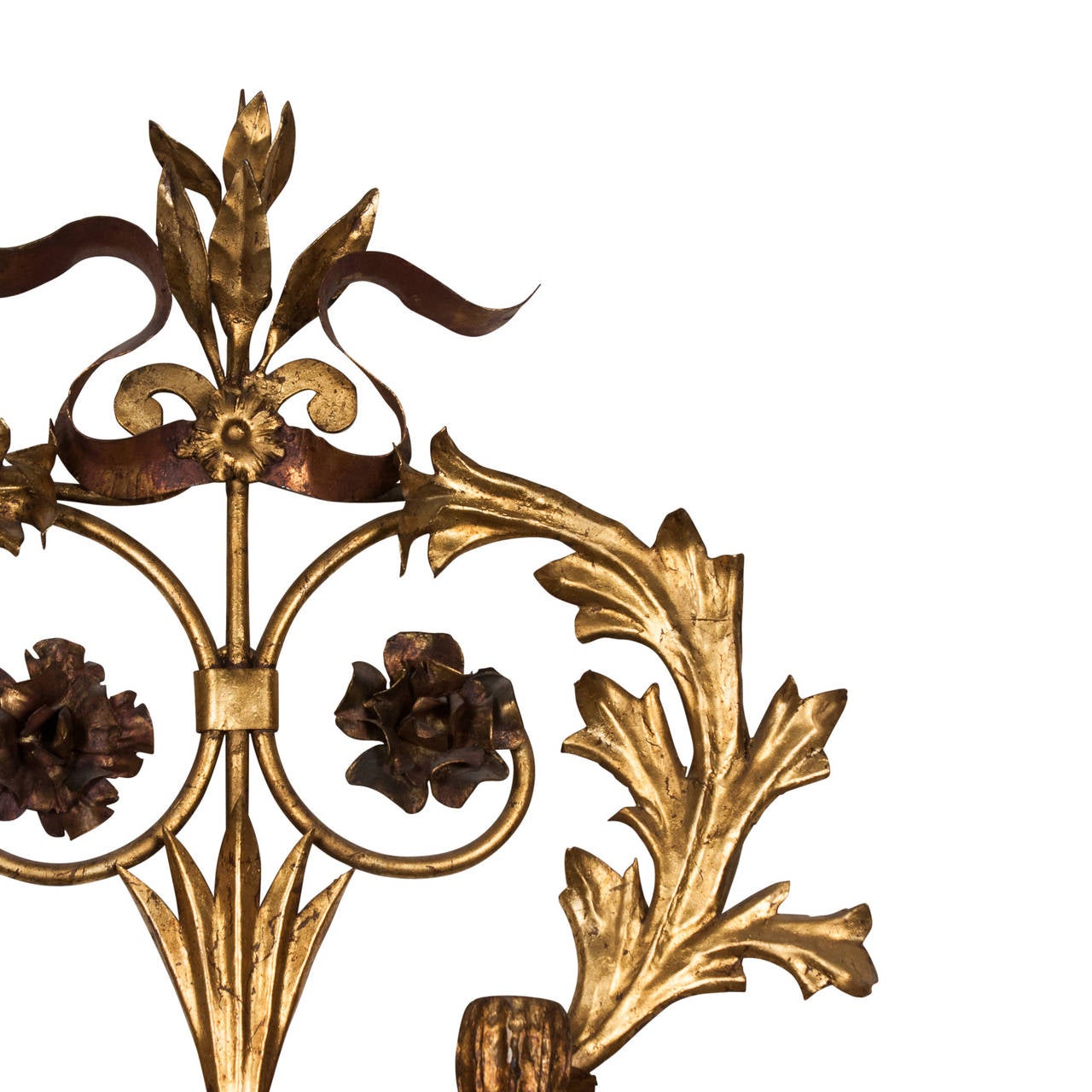 Italian Elaborate Floral Gilt Iron Candle Sconce For Sale