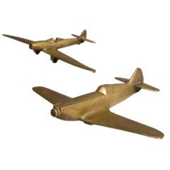 Set of Two French 1940s Solid Bronze Airplane Sculptures